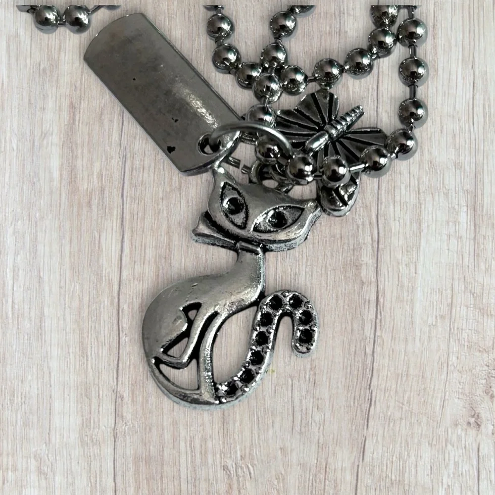 Hand Crafted Necklace GRACE Dog Tag Charms Retro Cat Butterfly Tibetan Pendant